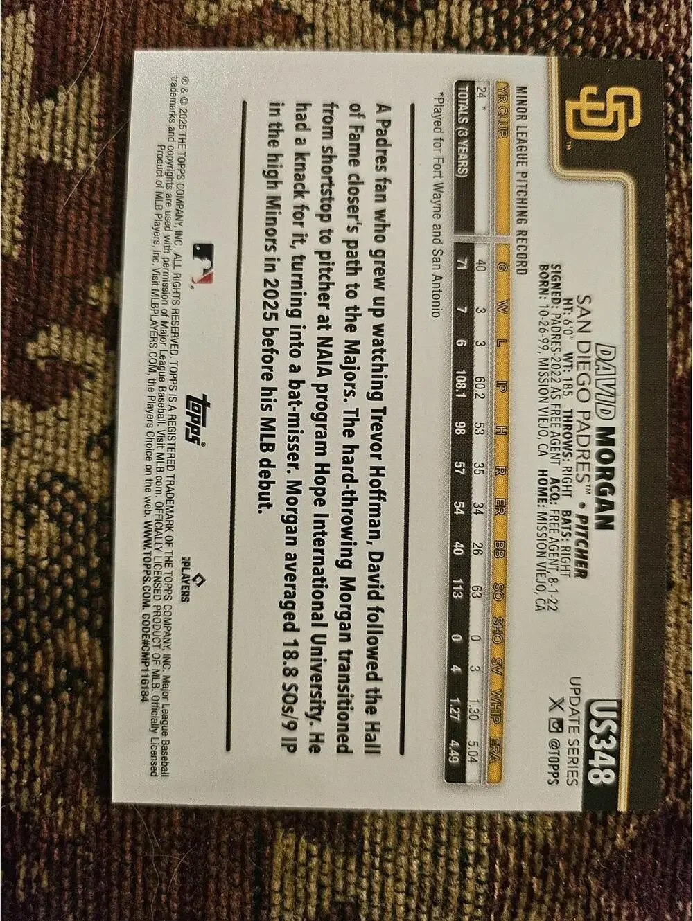 2025 Topps Update - David Morgan - RC #US348 - Padres - RAW Mint - Picture 2 of 2